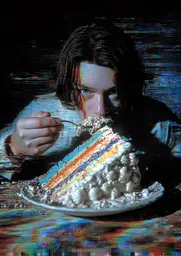 Midjourney generated image using SREF code , , , , , , : A man eating a slice of rainbow cake on a plate.