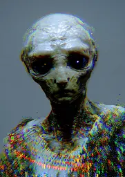 Midjourney generated image using SREF code , , , , , , : A close up of an alien with blue eyes.
