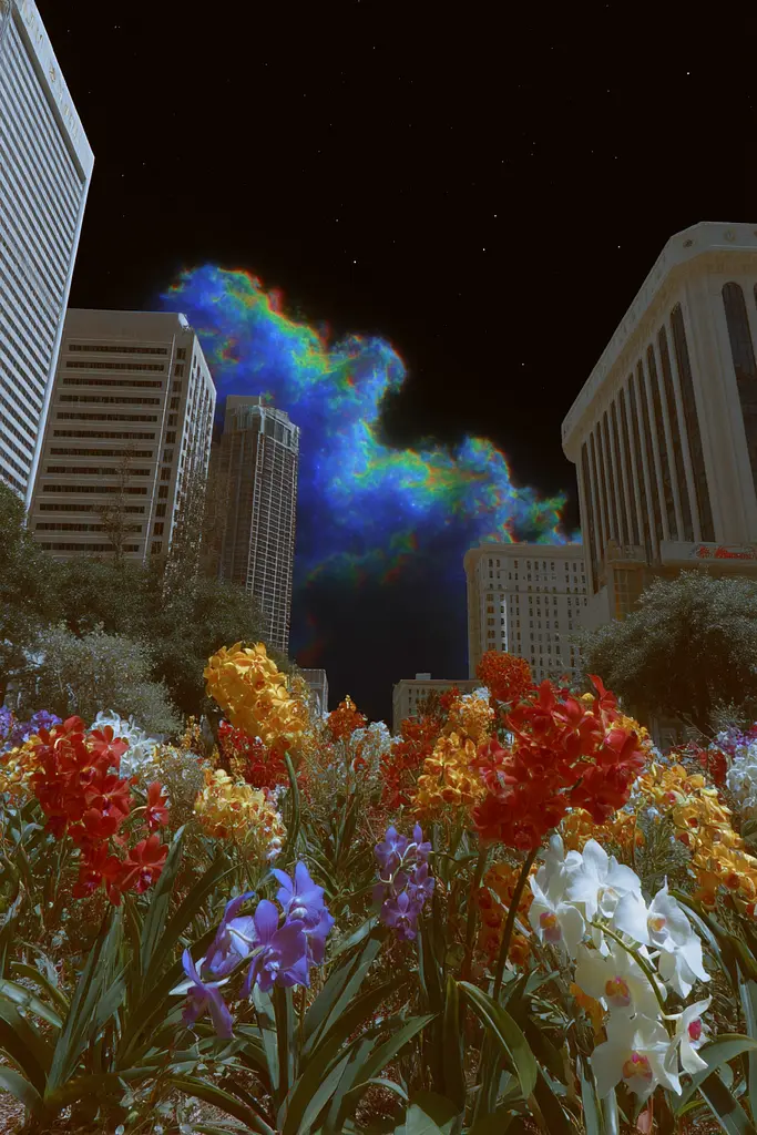 Midjourney generated image using SREF code , , , , , , : A field of flowers in front of a city at night.