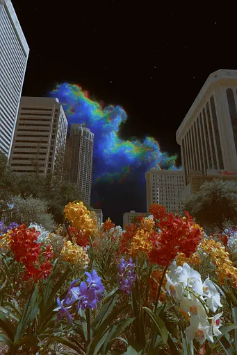 Midjourney generated image using SREF code , , , , , , : A field of flowers in front of a city at night.
