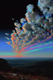 Midjourney generated image using SREF code , , , , , , : A colorful cloud formation in the sky over a mountain range.