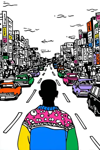 Midjourney generated image using SREF code Skullquill: A drawing of a person standing in the middle of a busy street.