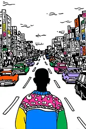 Midjourney generated image using SREF code Skullquill: A drawing of a person standing in the middle of a busy street.