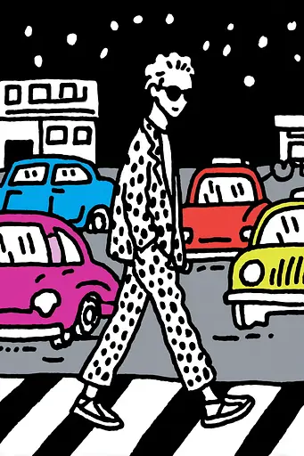 Midjourney generated image using SREF code Skullquill: A man walking across a crosswalk in front of cars.
