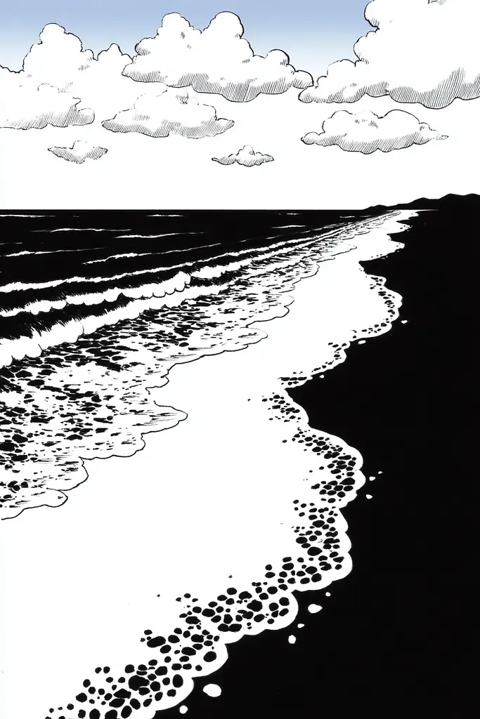 Midjourney generated image using SREF code Skullquill: A black and white drawing of a beach with clouds in the sky.