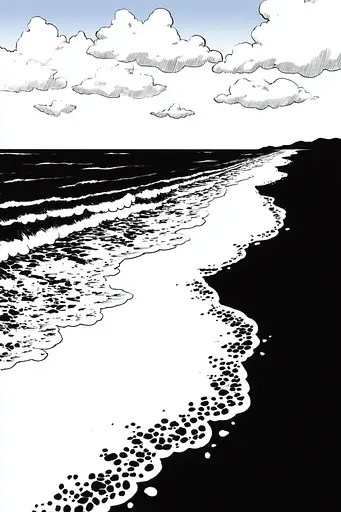 Midjourney generated image using SREF code Skullquill: A black and white drawing of a beach with clouds in the sky.