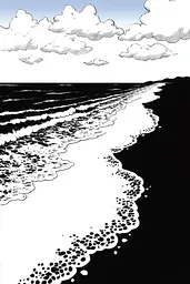 Midjourney generated image using SREF code Skullquill: A black and white drawing of a beach with clouds in the sky.