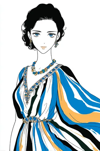 Midjourney generated image using SREF code Skullquill: A drawing of a woman wearing a blue and white striped dress.