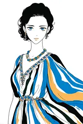Midjourney generated image using SREF code Skullquill: A drawing of a woman wearing a blue and white striped dress.