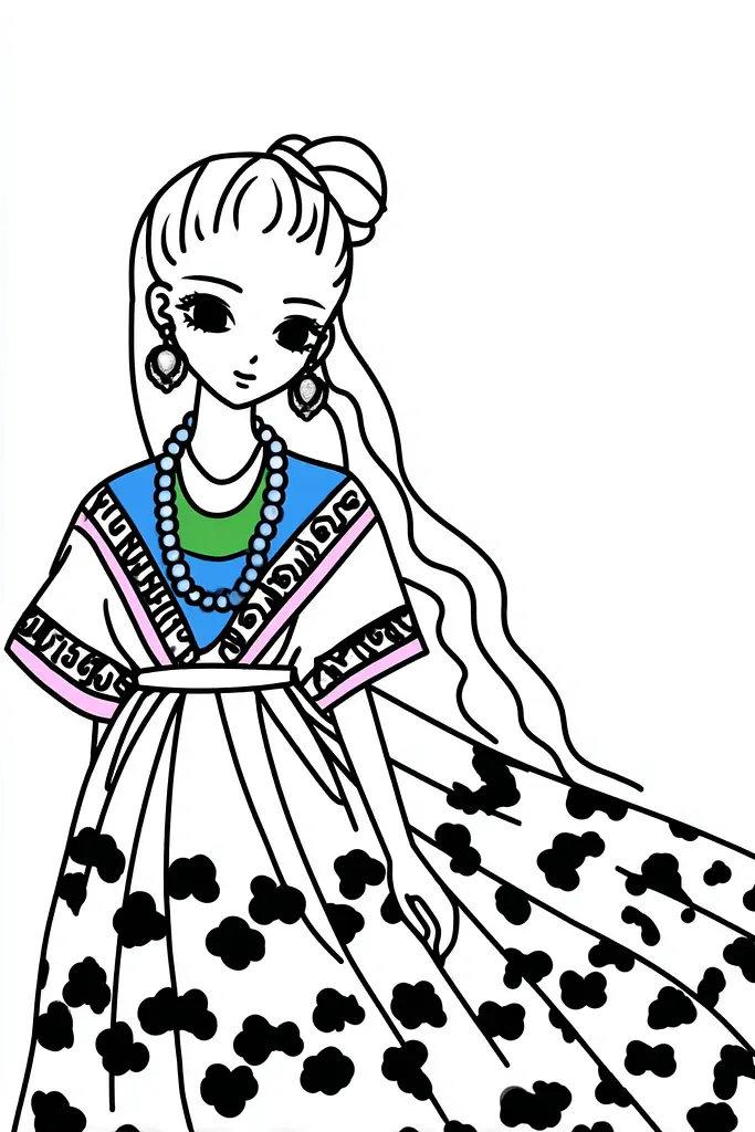 Midjourney generated image using SREF code Skullquill: A drawing of a girl in a dress with long hair.