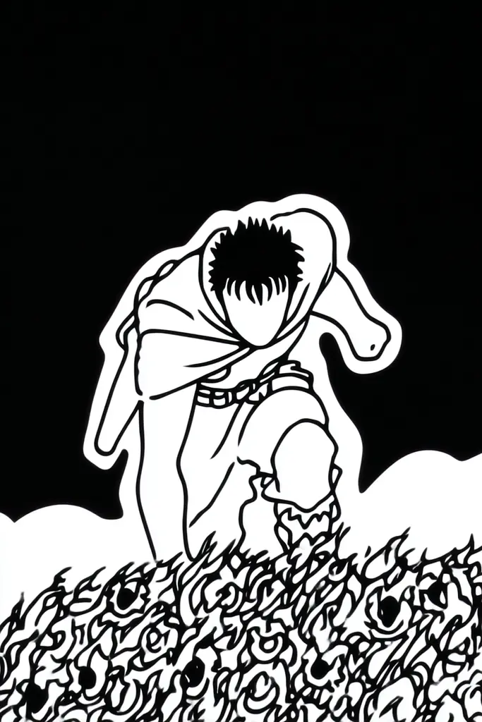 Midjourney generated image using SREF code Skullquill: A black and white drawing of a man kneeling in a field of flowers.