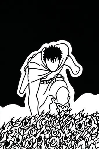 Midjourney generated image using SREF code Skullquill: A black and white drawing of a man kneeling in a field of flowers.