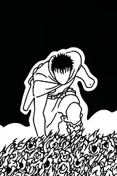 Midjourney generated image using SREF code Skullquill: A black and white drawing of a man kneeling in a field of flowers.