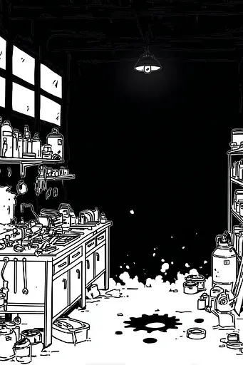 Midjourney generated image using SREF code Skullquill: A black and white drawing of a messy room.