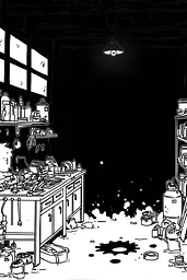 Midjourney generated image using SREF code Skullquill: A black and white drawing of a messy room.