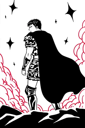 Midjourney generated image using SREF code Skullquill: A black and white drawing of a man in a cape.