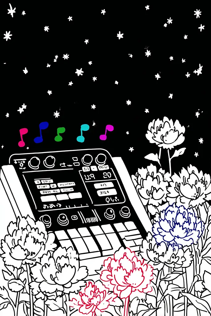 Midjourney generated image using SREF code Skullquill: A black and white illustration of a synthesizer surrounded by flowers.