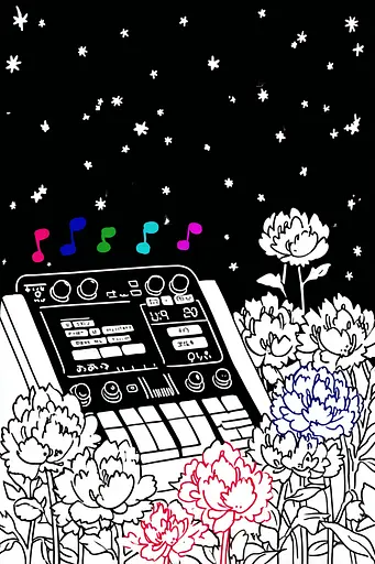 Midjourney generated image using SREF code Skullquill: A black and white illustration of a synthesizer surrounded by flowers.