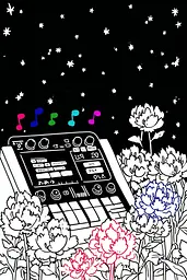Midjourney generated image using SREF code Skullquill: A black and white illustration of a synthesizer surrounded by flowers.