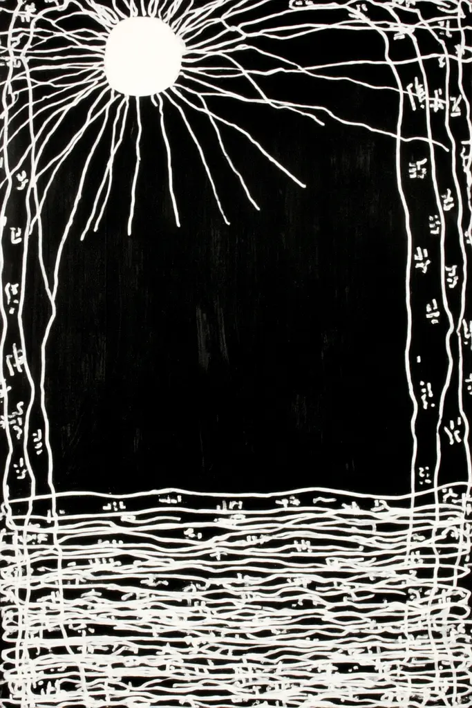 Midjourney generated image using SREF code Skullquill: A black and white drawing of a sun over a body of water.
