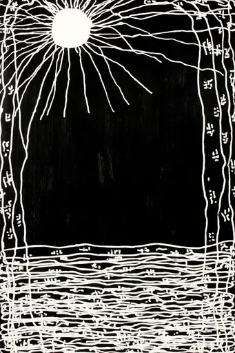 Midjourney generated image using SREF code Skullquill: A black and white drawing of a sun over a body of water.