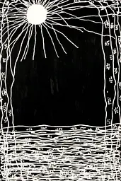 Midjourney generated image using SREF code Skullquill: A black and white drawing of a sun over a body of water.