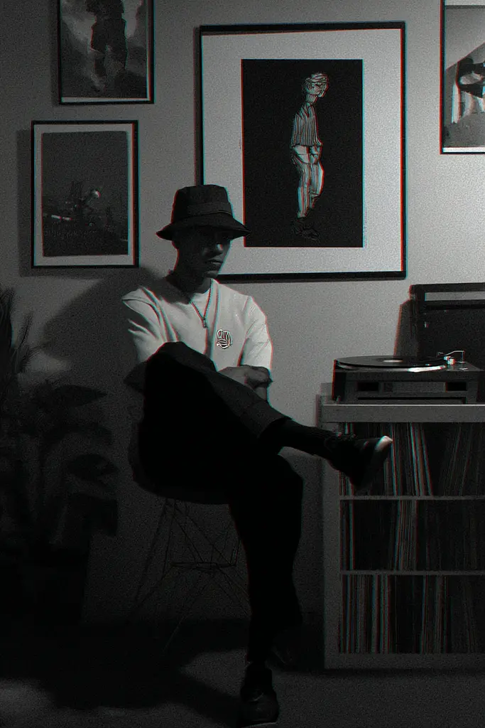 Midjourney generated image using SREF code Opaque Lenses: A man sitting on a chair in front of a record player.