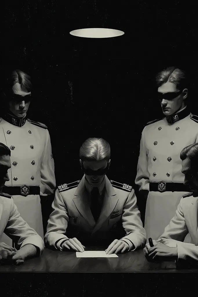 Midjourney generated image using SREF code Opaque Lenses: A group of men sitting around a table signing papers.