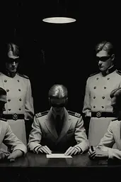 Midjourney generated image using SREF code Opaque Lenses: A group of men sitting around a table signing papers.