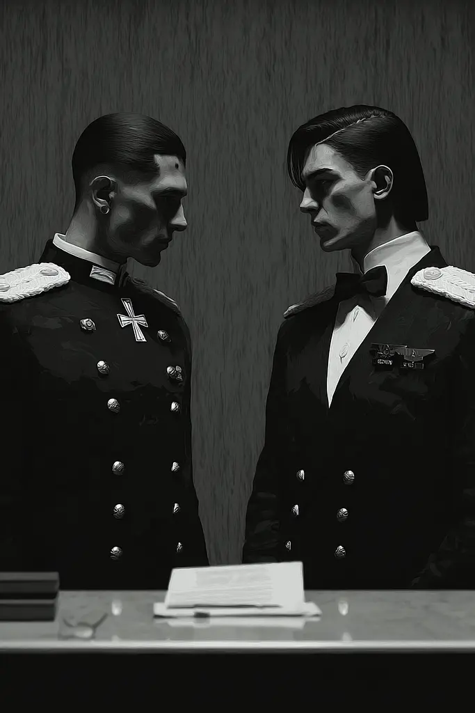 Midjourney generated image using SREF code Opaque Lenses: Two men in military uniforms standing next to each other.