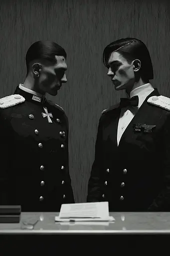 Midjourney generated image using SREF code Opaque Lenses: Two men in military uniforms standing next to each other.