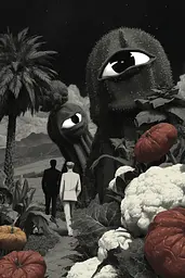 Midjourney generated image using SREF code Opaque Lenses: A man in a white suit walking through a field of vegetables.