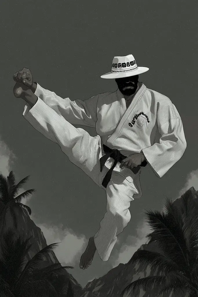 Midjourney generated image using SREF code Opaque Lenses: A man in a white kimono and a white hat is doing a kick.