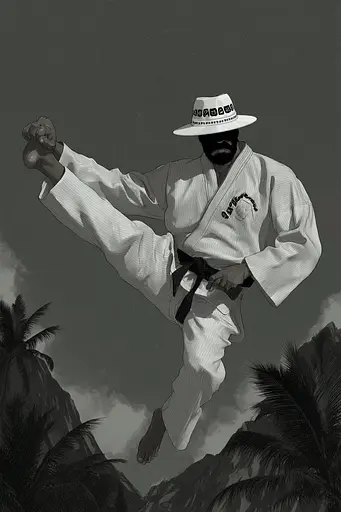 Midjourney generated image using SREF code Opaque Lenses: A man in a white kimono and a white hat is doing a kick.