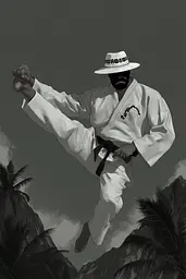 Midjourney generated image using SREF code Opaque Lenses: A man in a white kimono and a white hat is doing a kick.