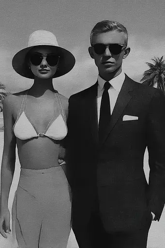 Midjourney generated image using SREF code Opaque Lenses: A man and a woman standing next to each other on a beach.