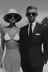 Midjourney generated image using SREF code Opaque Lenses: A man and a woman standing next to each other on a beach.