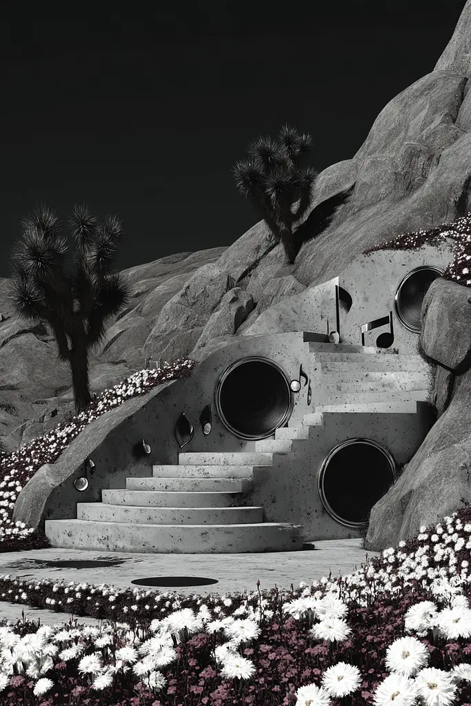 Midjourney generated image using SREF code Opaque Lenses: A black and white photo of a stairway in the middle of a desert.
