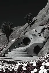 Midjourney generated image using SREF code Opaque Lenses: A black and white photo of a stairway in the middle of a desert.