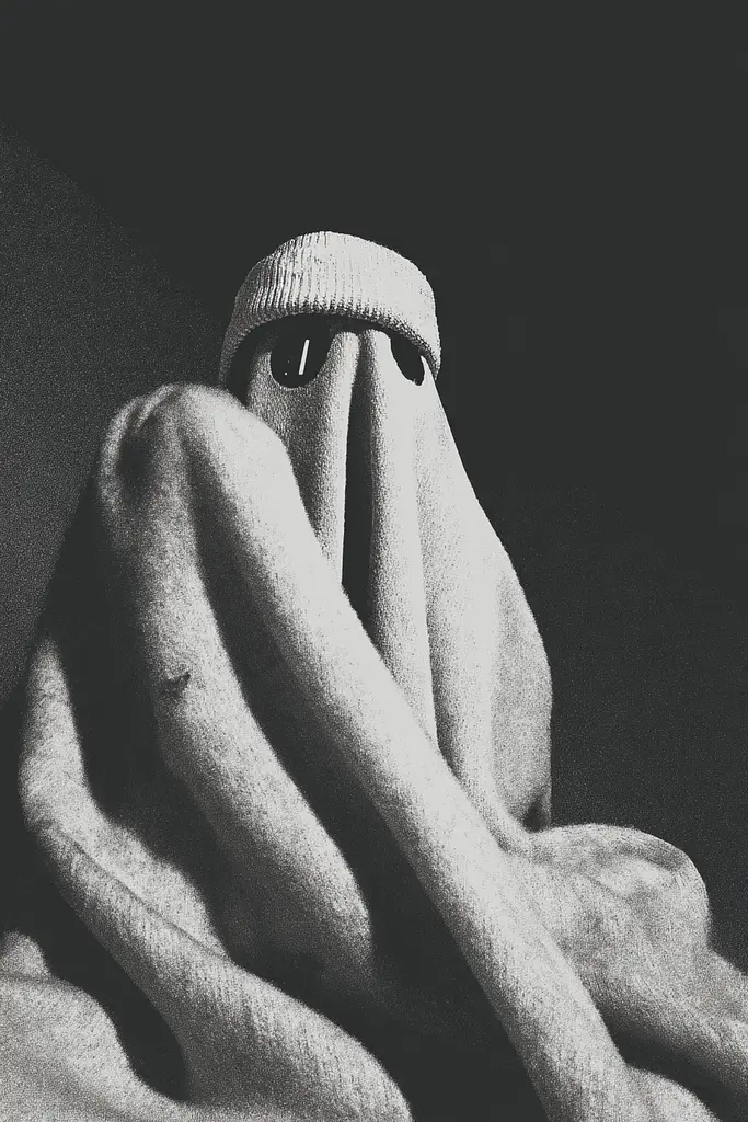 Midjourney generated image using SREF code Opaque Lenses: A black and white photo of a person wrapped in a blanket.