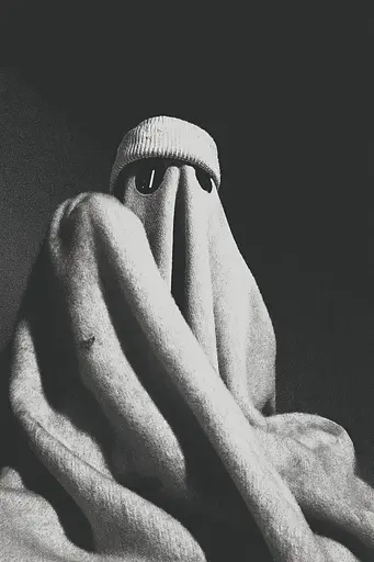 Midjourney generated image using SREF code Opaque Lenses: A black and white photo of a person wrapped in a blanket.