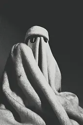 Midjourney generated image using SREF code Opaque Lenses: A black and white photo of a person wrapped in a blanket.