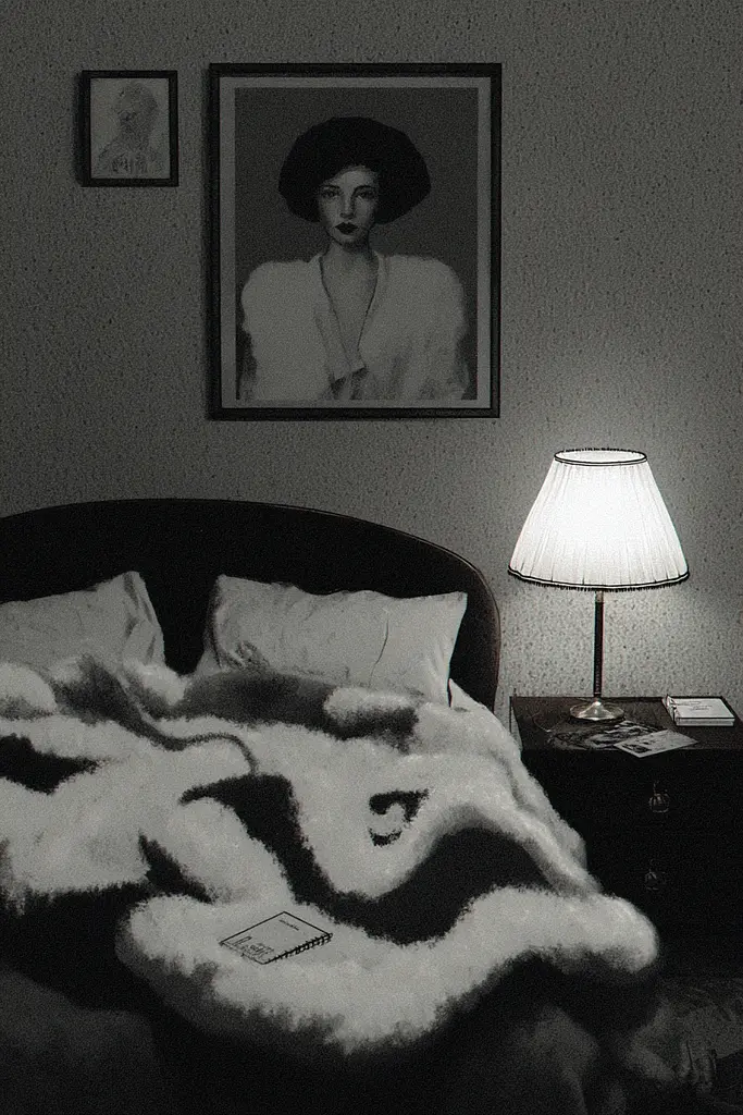 Midjourney generated image using SREF code Opaque Lenses: A bed with a blanket on top of it next to a lamp.