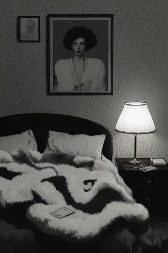 Midjourney generated image using SREF code Opaque Lenses: A bed with a blanket on top of it next to a lamp.