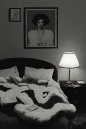 Midjourney generated image using SREF code Opaque Lenses: A bed with a blanket on top of it next to a lamp.