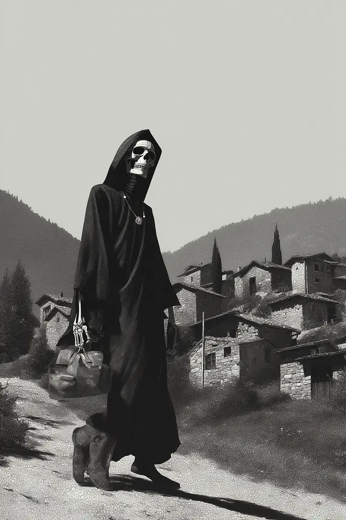 Midjourney generated image using SREF code Opaque Lenses: A black and white photo of a skeleton walking down a dirt road.