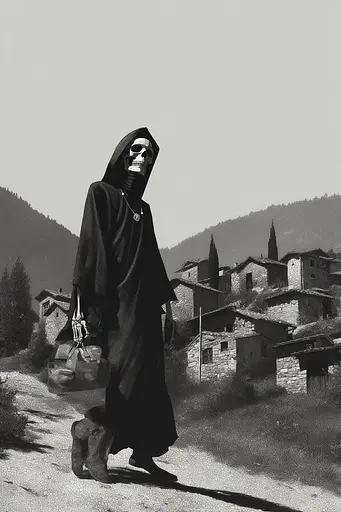 Midjourney generated image using SREF code Opaque Lenses: A black and white photo of a skeleton walking down a dirt road.