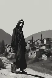Midjourney generated image using SREF code Opaque Lenses: A black and white photo of a skeleton walking down a dirt road.