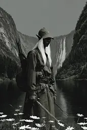 Midjourney generated image using SREF code Opaque Lenses: A woman standing in front of a lake with a bow and arrow.