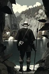 Midjourney generated image using SREF code Opaque Lenses: A man standing in front of a body of water.